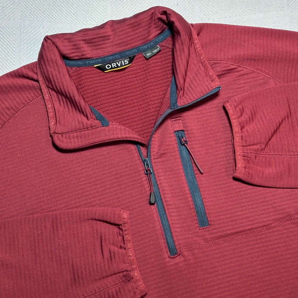 Orvis Horseshoe Hills Fleece 1/4 Zip Pullover Mens XL Textured Grid Pocket Red